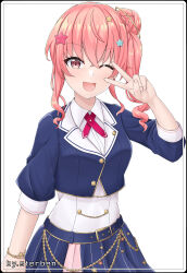 1girl absurdres anemachi blue_shirt blue_skirt brown_eyes hair_ornament highres hololive looking_at_viewer medium_hair one_eye_closed pink_hair shirt sidelocks skirt smile solo star_(symbol) star_hair_ornament sterben_(sterben_dead) v v_over_eye virtual_youtuber white_background