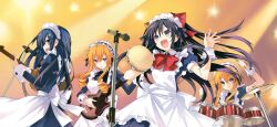 4girls apron bad_link blue_eyes blue_hair bow breasts date_a_live date_a_live:_spirit_pledge drill_hair drum drum_set drumsticks electric_guitar game_cg genderswap genderswap_(mtf) guitar hair_between_eyes hair_bow highres instrument itsuka_shido itsuka_shiori juliet_sleeves long_hair long_sleeves maid maid_apron maid_headdress medium_breasts microphone multiple_girls official_art open_mouth orange_hair puffy_short_sleeves puffy_sleeves purple_eyes purple_hair short_sleeves siblings sisters smile spotlight third-party_source twins yamai_kaguya yamai_yuzuru yatogami_tohka