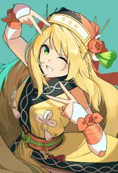1girl absurdres ashamutoki blonde_hair bow celine_(fire_emblem) celine_(ninja)_(fire_emblem) commission commissioner_upload double_v fire_emblem fire_emblem_engage fire_emblem_heroes flower green_eyes hair_ornament hair_stick highres kanzashi long_hair looking_at_viewer ninja nintendo non-web_source obijime official_alternate_costume orange_bow orange_flower orange_trim shuriken shuriken_hair_ornament solo tassel tassel_hair_ornament v very_long_hair weapon wrist_bow