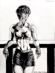 1girl arm_support artist_name black_hair black_shorts breasts collarbone cowboy_shot danielp_art dated eyelashes fingerless_gloves gloves highres ink_(medium) lips looking_to_the_side mikasa_ackerman monochrome navel nose railing shingeki_no_kyojin short_hair shorts sketch snk sports_bra sunlight toned toned_female traditional_media white_background