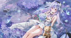 1girl ahoge alternate_costume bouquet breasts bug butterfly chinese_commentary cleavage commentary_request dress eric_(tianqijiang) flower gloves highres holding holding_bouquet insect large_breasts long_hair looking_at_viewer mole pointy_ears purple_hair red_eyes sitting smile solo stuffed_animal stuffed_toy teddy_bear vivian_banshee white_dress white_gloves zenless_zone_zero