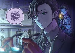 3boys :o aohitsugi_samatoki black_hair blurry_foreground busujima_rio_mason camouflage camouflage_jacket chain unworn_eyewear frown gloves green_eyes hypnosis_mic indoors iruma_jyuto jacket kurekoremori mad_trigger_crew male_focus multiple_boys necktie peeking pointing red_gloves short_hair speech_bubble upper_body white_hair