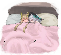 2girls absurdres aqua_wings arknights bed black_wings blanket blonde_hair blush c113oreo closed_eyes commentary elf english_commentary grey_hair head_wings highres ho&#039;olheyak_(arknights) laurel_crown laurels long_hair lying medium_hair muelsyse_(arknights) multicolored_wings multiple_girls on_bed open_mouth pillow pink_blanket pointy_ears sidelocks sleeping smile sweatdrop under_covers wings yuri