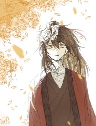 Rule 34 | 1boy, absurdres, autumn leaves, bags under eyes, bandaged neck, bandages, black hair, black hanfu, brown eyes, brown hair, chinese clothes, closed mouth, coat, dao gui yi xian, demon62738, expressionless, falling leaves, hair between eyes, hair bun, hair ribbon, hanfu, highres, leaf, li huowang, long hair, looking at viewer, male focus, messy hair, red coat, red ribbon, ribbon, sanpaku, single hair bun, solo, upper body, white background, wind