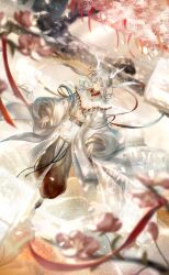 Rule 34 | 1boy, artist request, beads, black pants, black shoes, blue eyes, bush, capelet, cherry blossoms, chinese clothes, dragon horns, expressionless, floating, flower, full body, game cg, hagoromo, hair between eyes, half-closed eyes, hanfu, highres, horn ornament, horn ribbon, horns, long hair, long sleeves, luming, male focus, nikki (series), official art, outdoors, pants, parted lips, pink flower, prayer beads, puffy long sleeves, puffy pants, puffy sleeves, red ribbon, ribbon, shawl, shining nikki, shoes, socks, solo, spring (season), white capelet, white hair, white hanfu, white horns, white socks, yunjian
