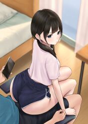 1boy 1girl :o ass bed black_hair black_shorts blue_eyes blue_shirt blue_shorts blunt_bangs breasts bulge buttjob buttjob_over_clothes chair crop_top curtains dolphin_shorts erection erection_under_clothes from_above gaming_chair hair_over_shoulder hetero highres holding holding_phone imminent_penetration indoors long_hair looking_back low_twintails medium_breasts micro_shorts original phone pink_shirt puckered_lips shirt short_sleeves shorts sitting sitting_on_lap sitting_on_person solo_focus swivel_chair takapin thighs twintails wide_hips window wooden_floor