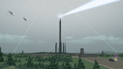 ace_combat ace_combat_zero aircraft airplane battle boxcar building cloud commentary contrail english_commentary excalibur_(ace_combat_zero) explosive f-15_eagle fighter_jet forest grey_sky highres kevincipher laser military_vehicle mountainous_horizon nature no_humans outdoors pine_tree railroad_tracks sky smoke tower tree