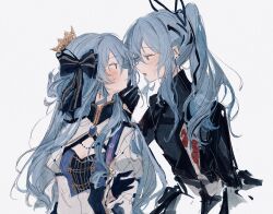 Rule 34 | 2girls, black gloves, black shirt, blue brooch, blue hair, blush, bow, breasts, crown, dual persona, gloves, hair bow, hair ribbon, hand on another&#039;s chin, highres, hololive, hoshimachi suisei, hoshimachi suisei (shout in crisis), hoshimachi suisei (stellar into the galaxy), kyrl, long hair, long sleeves, mini crown, multiple girls, official alternate costume, official alternate hairstyle, ribbon, selfcest, shirt, simple background, small breasts, sweat, upper body, virtual youtuber, white background