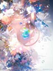 artist_name blue_eyes commentary_request ekm flower from_side gen_1_pokemon highres holding legendary_pokemon mew_(pokemon) mythical_pokemon nintendo no_humans pink_flower pokemon pokemon_(creature) solo water_drop white_flower