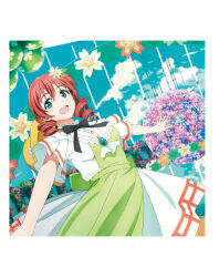 1girl artbook balloon black_bow blue_eyes bow breasts brown_hair dress drill_hair emma_verde flower freckles green_dress hair_flower hair_ornament hat highres jewelry la_bella_patria_(love_live!) love_live! love_live!_nijigasaki_high_school_idol_club non-web_source official_art open_mouth outstretched_arms short_sleeves sky smile solo twin_drills twintails