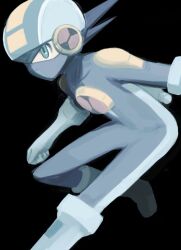 Rule 34 | 1boy, black background, blue bodysuit, blue helmet, bodysuit, green eyes, helmet, male focus, mask, mega man (series), mega man battle network (series), megaman.exe, mouth mask, simple background, solo, yama (toaru puyopuyo)