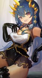 1girl :d black_gloves black_leotard blue_hair blush breasts cleavage commentary_request cowboy_shot crossed_bangs dark-skinned_female dark_skin demon_girl demon_horns earrings elbow_gloves gloves grey_background hair_between_eyes highres horns jewelry leotard leotard_under_clothes long_hair looking_at_viewer medium_breasts nanashi_inc. open_mouth pointy_ears purple_eyes see-through_clothes see-through_skirt shimamura_charlotte skirt smile solo teeth upper_teeth_only virtual_youtuber wasabifu yellow_horns