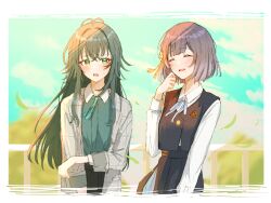 2girls :d ^_^ antenna_hair black_overskirt black_skirt black_vest blue_ribbon blue_skirt blush closed_eyes coat commentary_request falling_leaves gakuen_idolmaster green_hair green_shirt grey_coat hair_flaps hataya_misuzu hatsuboshi_gakuen_school_uniform idolmaster leaf long_hair long_sleeves looking_at_another multiple_girls neck_ribbon open_mouth purple_hair ribbon school_uniform shirt short_hair skirt skirt_set smile straight_hair tedioioio tsukimura_temari very_long_hair vest white_shirt