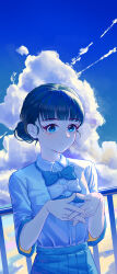 1girl absurdres basori_tiara black_hair blue_bow blue_bowtie blue_eyes bow bowtie closed_mouth cloud cloudy_sky collared_shirt cumulonimbus_cloud day hair_bun highres looking_at_viewer make_heroine_ga_oo_sugiru! outdoors own_hands_together pleated_skirt railing school_uniform shirt shirt_tucked_in short_hair skirt sky solo tearing_up tsuwabuki_high_school_uniform upper_body white_shirt ye_qy-100
