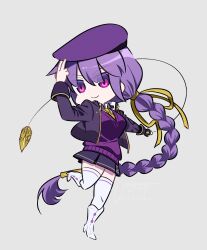 1girl absurdres black_jacket black_skirt boots braid braided_ponytail chibi eltnum_(under_night_in-birth) fingerless_gloves gloves grey_background hat highres hina_karasu holding jacket long_hair purple_eyes purple_hair purple_hat purple_sweater shirt simple_background sion_eltnam_(type-moon) skirt solo sweater thighhighs under_night_in-birth white_boots white_shirt white_thighhighs