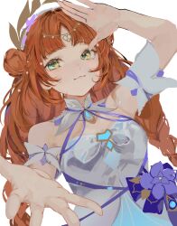 Rule 34 | 1girl, absurdres, bare shoulders, blue flower, braid, closed mouth, detached sleeves, double bun, dress, dress flower, flower, genshin impact, green eyes, hair bun, hair ornament, halterneck, hand up, head chain, highres, jewelry, long hair, looking at viewer, low twin braids, nilou (breeze of sabaa) (genshin impact), nilou (genshin impact), official alternate costume, orange hair, penguin (penguin38988638), purple flower, reaching, reaching towards viewer, short sleeves, simple background, solo, twin braids, upper body, white background, white dress