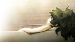 1girl bathing bathroom fainting game_cg green_eyes green_hair highres hiyajou_maho indoors long_hair lying messy_hair nude petite steam steins;gate steins;gate_0 wet