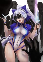 1girl :d ? blue_bow blue_jacket blush bow breasts competition_swimsuit cropped_jacket dual_wielding energy_sword fate/grand_order fate_(series) hair_bow head-mounted_display headgear headphones headset highleg highleg_one-piece_swimsuit highres holding holding_sword holding_weapon jacket medium_breasts microphone moral-steel multicolored_swimsuit one-piece_swimsuit open_clothes open_jacket open_mouth ponytail short_sleeves silver_hair smile striped_wristband swimsuit sword tinted_eyewear tomoe_gozen_(fate) tomoe_gozen_(swimsuit_saber)_(fate) tomoe_gozen_(swimsuit_saber)_(first_ascension)_(fate) two-tone_swimsuit visor vr_visor weapon wristband zombie