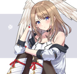1girl bare_shoulders black_choker black_pantyhose blue_eyes brown_hair camisole choker closed_mouth commentary_request cosplay eunie_(xenoblade) feathered_wings fingerless_gloves gloves grey_jacket hand_in_own_hair head_wings highres jacket knees_up light_blush looking_at_viewer medium_hair mio_(xenoblade) mio_(xenoblade)_(cosplay) off_shoulder pantyhose shinae sitting solo white_camisole white_gloves white_wings wings xenoblade_chronicles_(series) xenoblade_chronicles_3
