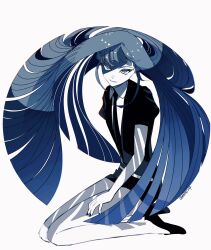 Rule 34 | 1other, black necktie, black shorts, blue hair, blunt ends, closed mouth, collared shirt, gem uniform (houseki no kuni), highres, houseki no kuni, lapis lazuli (houseki no kuni), long hair, looking at viewer, mt5 014, necktie, other focus, partially shaded face, shirt, shorts, simple background, smile, very long hair, white background, white shirt