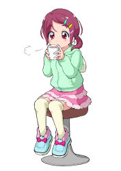 1girl blue_shoes cup drink full_body green_jacket hair_ornament hairclip highres holding holding_cup hood hood_down hooded_jacket hugtto!_precure jacket long_hair long_sleeves low_twintails mug nono_kotori on_stool parted_bangs parted_lips pink_eyes pink_hair pink_skirt precure puff_of_air shoes simple_background sitting skirt sneakers solo thighhighs twintails white_background yakizakana10967 yellow_thighhighs