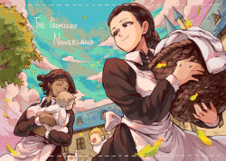 2girls 4boys apron blonde_hair blue_sky brown_eyes child closed_eyes cloud cloudy_sky commentary copyright_name dark-skinned_female dark_skin falling_leaves hair_bun inari_(rabbit292) isabella_(yakusoku_no_neverland) laundry_basket leaf maid maid_apron mature_female multiple_boys multiple_girls short_hair single_hair_bun sister_krone sky smile tree yakusoku_no_neverland