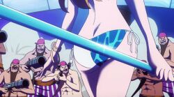 1girl animated animated_gif ass ass_focus bikini clima-tact holding holding_staff multiple_boys nami_(one_piece) one_piece one_piece_film:_gold staff swimsuit