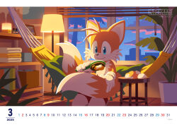 1boy absurdres animal_ears animal_nose blue_eyes closed_mouth copyright_name fox_boy full_body furry furry_male highres indoors lamp logo male_focus multiple_tails official_art sitting smile solo sonic_(series) sonic_channel tail tails_(sonic) two_tails watermark web_address window