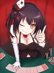 Rule 34 | 10s, 1girl, ace (playing card), ace of hearts, ace of spades, asymmetrical gloves, black hair, breasts, card, casino card table, cleavage, clock eyes, clubs, curtains, date a live, diamond (shape), dress, female focus, gloves, hat, heart, highres, long hair, mini hat, mismatched gloves, navel, necktie, one eye closed, playing card, playing games, pointing, pointing up, poker, poker chip, poker table, red necktie, solo, spade (shape), symbol-shaped pupils, table, tokisaki kurumi, tokisakijp, twintails, twitter username, wrist cuffs, yellow eyes