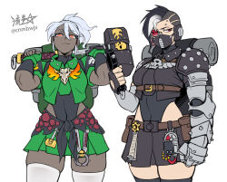 2girls adeptus_astartes asymmetrical_hair backpack bag belt belt_pouch black_hair black_thighhighs breasts brown_belt commentary crew_cut cropped_jacket dark-skinned_female dark_skin detached_sleeves face_piercing fingerless_gloves forehead_piercing gauntlets genderswap genderswap_(mtf) gloves gradient_hair green_gloves green_skirt hammer highleg highleg_leotard holding holding_hammer iron_hands_(warhammer) leotard leotard_under_clothes medium_breasts miniskirt multicolored_hair multiple_girls orange_eyes piercing pleated_skirt pouch ryuusei_(mark_ii) salamanders_(warhammer) sidecut single_gauntlet single_shoulder_pad skirt thighhighs undercut very_dark_skin war_hammer warhammer_40k weapon white_hair white_thighhighs zettai_ryouiki