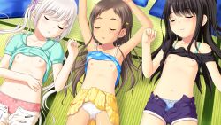 3girls adachi_tenka armpits arms_up black_hair black_shirt blue_camisole blue_panties bow bow_panties bra bra_lift bra_strap breasts brown_hair camisole camisole_lift closed_eyes clothes_lift clothes_pull collarbone flat_chest game_cg green_bra green_jacket hair_ornament hair_ribbon hand_up highres indoors jacket jacket_lift komako_semenovich layered_skirt loli long_hair lying multiple_girls navel nipples non-web_source nonohara_miki off-shoulder_shirt off_shoulder on_back one_side_up open_fly open_mouth panties parted_lips pink_panties pleated_skirt polka_dot polka_dot_camisole polka_dot_panties polka_dot_skirt puffy_short_sleeves puffy_sleeves purple_ribbon purple_shorts ribbon sayama_chie shirt shirt_lift short_shorts short_sleeves shorts shorts_pull shoujo_ramune single_bare_shoulder skirt skirt_lift sleeping small_breasts spaghetti_strap tatami twintails underwear white_hair white_panties white_shorts x_hair_ornament yellow_shirt yellow_skirt