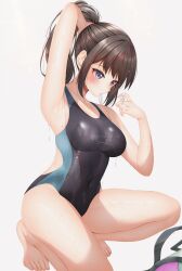 1girl black_hair black_one-piece_swimsuit blush breasts brown_hair commentary_request competition_school_swimsuit competition_swimsuit hair_ornament hairband highres holding long_hair medium_breasts minato_ojitan one-piece_swimsuit original ponytail school_swimsuit short_hair simple_background solo stopwatch swimsuit variant_set watch white_background white_hairband
