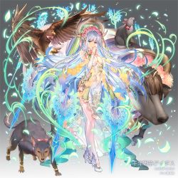 1girl awakening_(sennen_sensou_aigis) bird braid breasts bull cat diera_(sennen_sensou_aigis) dmm dog female_focus flower full_body grey_background hawk high_heels horns long_hair looking_at_viewer medium_breasts navel official_art sennen_sensou_aigis silver_hair solo standing sword very_long_hair watermark weapon yuasa_akira