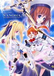 Rule 34 | 00s, 3girls, :o, ass, bad id, bad pixiv id, bardiche (assault form) (nanoha), bardiche (nanoha), beret, blue eyes, brown hair, fate testarossa, fate testarossa (sonic form), hat, highres, long hair, looking at viewer, lyrical nanoha, mahou shoujo lyrical nanoha, mahou shoujo lyrical nanoha a&#039;s, multiple girls, parted lips, raising heart, raising heart (accel mode), red eyes, rod, schwertkreuz, staff, takamachi nanoha, takamachi nanoha (sacred mode), tom (1art.), twintails, yagami hayate