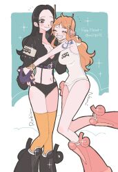 2girls ^_^ bangle bare_shoulders black_boots black_hair black_panties blush boots bracelet character_name closed_eyes commentary cropped_jacket gloves headphones headset highres hug jacket jewelry leather leather_jacket leotard long_hair looking_at_another millpi01 multiple_girls nami_(one_piece) nami_(one_piece)_(egghead) nico_robin nico_robin_(egghead) one_eye_closed one_piece orange_hair orange_thighhighs panties pink_boots purple_gloves radio_antenna shoulder_tattoo sidelocks sleeveless smile sparkle symbol-only_commentary tattoo thighhighs twitter_username underwear