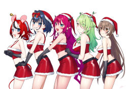 5girls absurdres alternate_costume animal_ears aqua_hair bare_shoulders black_gloves black_hair black_horns blue_eyes blue_hair breasts brown_eyes brown_hair ceres_fauna closed_mouth commentary crop_top dasdokter demon_horns english_commentary from_side fur-trimmed_headwear fur-trimmed_skirt fur_trim gloves gradient_hair green_eyes green_hair grin hair_between_eyes hair_branch hakos_baelz hand_on_another&#039;s_waist hat highres hololive hololive_english holopromise horns irys_(hololive) large_breasts long_hair looking_at_viewer mean_girls medium_breasts medium_hair midriff_peek mouse_ears mouse_girl mouse_tail multicolored_hair multiple_girls nanashi_mumei open_mouth ouro_kronii parody pink_hair pointy_ears purple_hair red_hair red_headwear red_skirt santa_costume santa_hat sharp_teeth simple_background skirt sleeveless smile streaked_hair tail teeth virtual_youtuber white_background white_hair