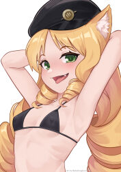 1girl animal_ears arknights arms_behind_head artist_name batazungharn beret bikini black_bikini black_hat breasts covered_erect_nipples drill_hair fang green_eyes hat highres micro_bikini sidelocks simple_background small_breasts solo swimsuit swire_(arknights) tiger_ears tiger_girl tongue tongue_out upper_body white_background