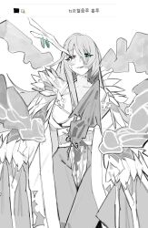 absurdres antlers bbizim03 blood blue_eyes blush breasts chinese_clothes cleavage cloak commentary crying crying_with_eyes_open e.g.o_(project_moon) eastern_dragon_horns english_commentary facial_mark genderswap genderswap_(mtf) grey_eyes greyscale hanfu heterochromia highres hong_lu_(project_moon) horn_ornament horn_ring horns impaled large_breasts limbus_company long_hair long_sleeves monochrome project_moon single_antler smile solo tears tears_of_the_tarnished_blood_(e.g.o) two-tone_robe upper_body