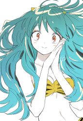 1girl beaju bikini blush closed_mouth commentary_request cone_horns green_hair highres horns korean_commentary long_hair looking_at_viewer lum navel orange_eyes simple_background smile solo swimsuit upper_body urusei_yatsura white_background yellow_bikini