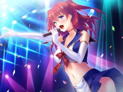 1girl ayase_hazuki blue_skirt blush bow bowtie breasts choker clothes_lift collarbone crop_top elbow_gloves floating_hair game_cg gloves hair_between_eyes holding holding_microphone idol kurumizaka_rui long_hair medium_breasts microphone midriff miniskirt music navel open_mouth plaid_bow plaid_bowtie plaid_clothes pleated_skirt purple_eyes red_bow red_bowtie red_hair singing skirt skirt_lift solo stage standing stomach tsundere_idol_wa_boku_dake_no_m_pet twintails white_gloves yellow_choker