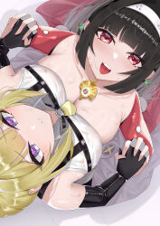 2girls absurdres astra_yao black_gloves black_hair black_necktie blonde_hair blunt_bangs borin breast_press breasts chest_strap cleavage closed_mouth collarbone collared_shirt cowboy_shot dress ear_piercing earrings evelyn_chevalier eyebrows_hidden_by_hair eyes_visible_through_hair fingerless_gloves gloves gold_necklace hairband highres holding_hands jewelry large_breasts long_hair long_sleeves mole mole_under_eye multiple_girls necklace necktie open_mouth piercing purple_eyes red_dress red_eyes shirt sleeveless sleeveless_shirt smile teeth tongue white_background white_dress white_hairband white_shirt zenless_zone_zero