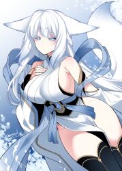 Rule 34 | 1girl, animal ears, bare shoulders, blue eyes, breasts, dress, ears down, elbow gloves, fox ears, fox tail, gloves, konshin, large breasts, long dress, long hair, looking at viewer, no panties, original, pelvic curtain, sideboob, sleeveless, sleeveless dress, solo, tail, thighhighs