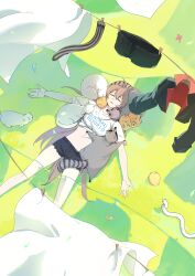 1girl absurdres ahoge animal azur_lane belt bird black_shorts brown_hair cat closed_eyes clothesline feathers grass hatski.sin highres jean_bart_(azur_lane) long_hair lying midriff multicolored_hair navel on_back ponytail shirt short_shorts shorts sleeping streaked_hair t-shirt tied_shirt very_long_hair white_shirt