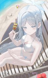 1girl awa_(awao141) bare_arms bare_legs bare_shoulders beach bikini blue_archive blush breasts cleavage closed_mouth food_in_mouth highres holding holding_skewer large_breasts long_hair looking_at_viewer nagusa_(blue_archive) nagusa_(swimsuit)_(blue_archive) navel ocean official_art pale_skin parted_bangs sidelocks sitting skewer solo stomach swimsuit white_bikini white_eyes white_hair