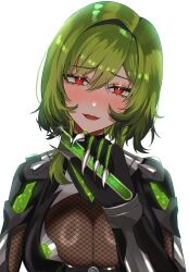 1girl august_anomaly bodystocking breasts cleavage fishnet_bodystocking fishnets green_hair hair_between_eyes highres holding holding_test_tube indie_virtual_youtuber lips mole mole_under_each_eye mole_under_eye multiple_moles nekobiyori open_mouth red_eyes short_hair solo test_tube upper_body virtual_youtuber white_background