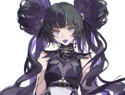 Rule 34 | 1girl, belt, belt buckle, black belt, blunt bangs, buckle, colored tongue, doveop, eyelashes, forked tongue, hair ornament, hairclip, hairpin, long hair, looking at viewer, original, purple eyes, purple hair, purple tongue, sidelocks, solo, tongue, tongue out, twintails, upper body, very long hair, white background