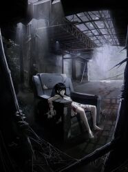 1girl abandoned absurdres armchair bags_under_eyes bandages black_eyes black_hair blood blood_on_clothes blood_on_face bloody_weapon chair deuljjugnaljjug dress female_focus garage grass grin highres long_hair looking_at_viewer messy_hair original rain reclining sanpaku shears silk sitting smile solo spider_web torn_clothes weapon white_dress