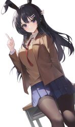 1girl absurdres animal_ear_hairband animal_ears arm_behind_back arm_support black_hair black_hairband black_pantyhose blazer blue_eyes blue_skirt blush breasts brown_jacket brown_sweater_vest closed_mouth collared_shirt commentary_request desk dress_shirt emduck fake_animal_ears feet_out_of_frame floating_hair hair_ornament hairband hairclip hand_up highres index_finger_raised jacket large_breasts long_hair long_sleeves looking_at_viewer necktie on_desk open_clothes open_jacket pantyhose pleated_skirt rabbit_ear_hairband rabbit_ears rabbit_hair_ornament red_necktie sakurajima_mai school_desk seishun_buta_yarou shirt simple_background sitting skirt solo sweater_vest very_long_hair white_background white_shirt