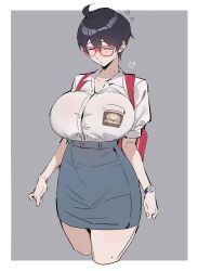 1girl :o ahoge backpack bag black_hair blush border breasts celyn404 closed_eyes collarbone collared_shirt commentary cowboy_shot cropped_legs flying_sweatdrops furrowed_brow glasses grey_background grey_skirt hair_between_eyes head_down high-waist_skirt highres huge_breasts indonesian_high_school_uniform mole mole_on_neck mole_on_thigh mole_under_eye open_mouth original outside_border pencil_skirt red-framed_eyewear red_bag school_uniform shirt shirt_tucked_in short_hair short_sleeves simple_background sketch skirt solo standing watch white_border white_shirt wristwatch