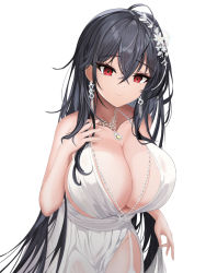 1girl azur_lane bare_arms bare_shoulders black_hair blush breasts cleavage closed_mouth dress earrings hair_ornament highres jewelry large_breasts long_hair looking_at_viewer necklace official_alternate_costume raurashun red_eyes solo taihou_(azur_lane) taihou_(temptation_on_the_sea_breeze)_(azur_lane) white_dress
